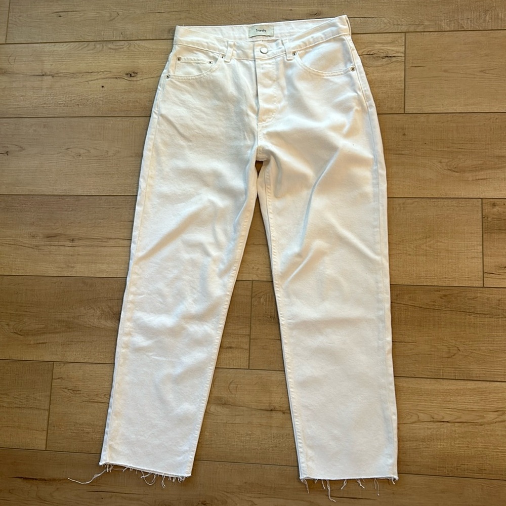 Triarchy White Straight leg Raw Hem Jeans Organic cotton Blend Size 28